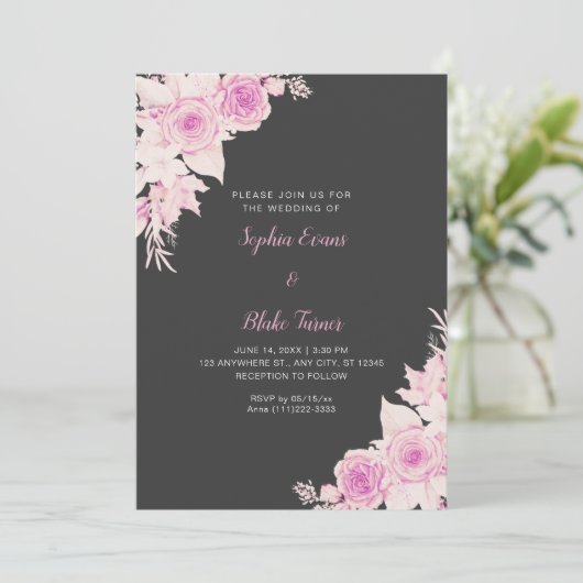 Rustikale, elegante Rosen Fall Shadow Gray Wedding Einladung (Stehend Vorderseite)