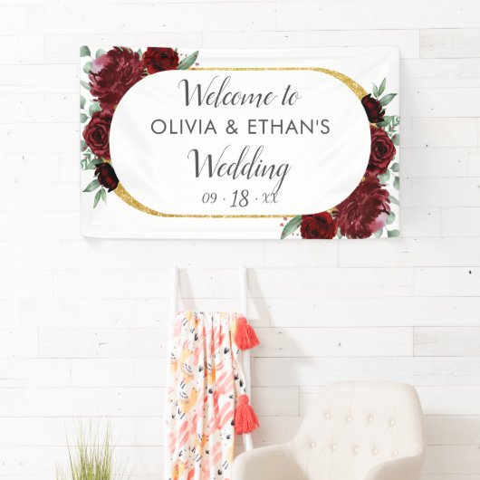 Rustikale Elegante Rote Rose Blumengold Weißes Hoc Banner (Insitu)