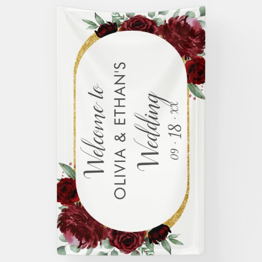 Rustikale Elegante Rote Rose Blumengold Weißes Hoc Banner (Vertikal)