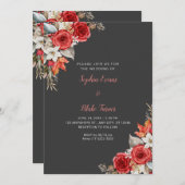 Rustikale Elegante Rote Rosen fallen Schattengraue Einladung (Vorne/Hinten)