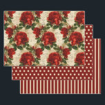 Rustikale Elegante Rote Rosen Polka Dots Streifen  Geschenkpapier Set<br><div class="desc">Drei Blatt Packpapier zur Koordinierung rustikalen rot und cremefarben. Blatt 1 ist ein rotes Blumenmuster auf cremefarbenem Hintergrund,  Blatt 2 ist ein cremefarbenes Polka-Punktmuster auf Rot/Bordeaux,  Blatt 3 ist ein cremefarbenes und rot/burgund gestreiftes Muster. Kontaktieren Sie uns für Hilfe bei der Anpassung oder um passende oder koordinierende Produkte anzufordern.</div>