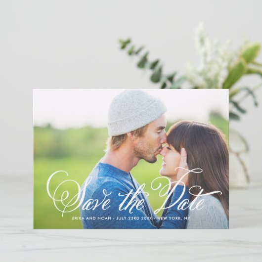 Rustikale, elegante Script-Foto-Save the Date-Kart Save The Date (Stehend Vorderseite)