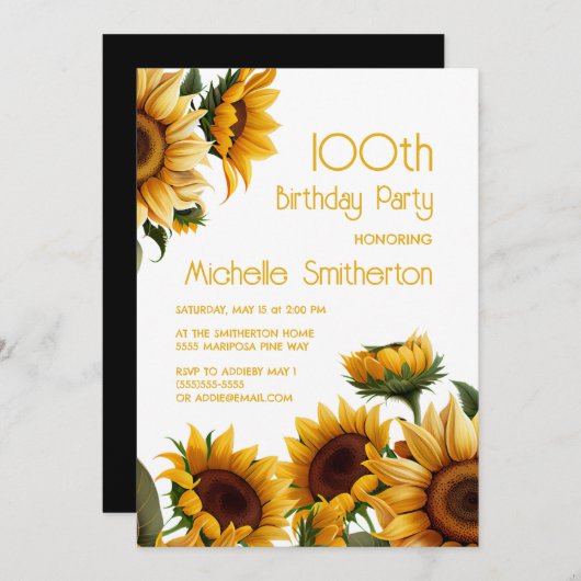 Rustikale Elegante Sonnenblumen 100. Geburtstag Einladung (Vorne/Hinten)