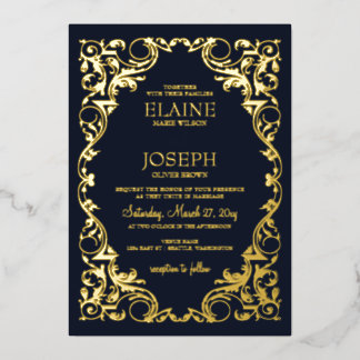 Rustikale, elegante Verzierte Frame Navy Hochzeit Folieneinladung