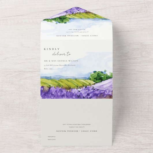 Rustikale Elegante Wasserfarben Lavendelfelder Hoc All In One Einladung (Außenbereich)