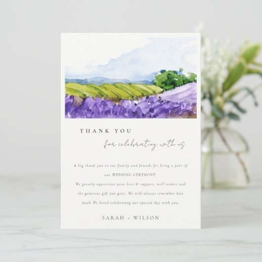 Rustikale Elegante Wasserfarben Lavendelfelder Hoc Dankeskarte (Stehend Vorderseite)