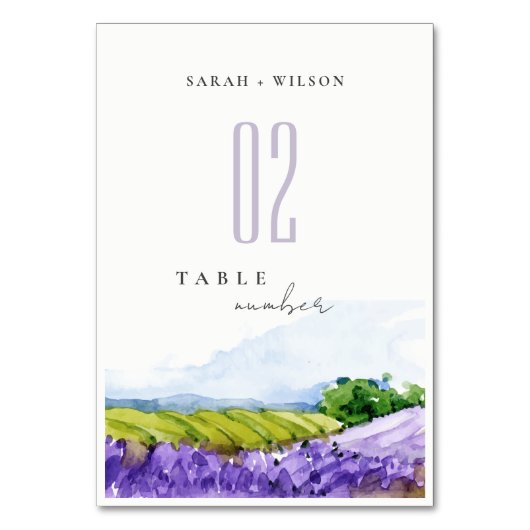 Rustikale Elegante Wasserfarben Lavendelfelder Hoc Tischnummer (Rückseite)