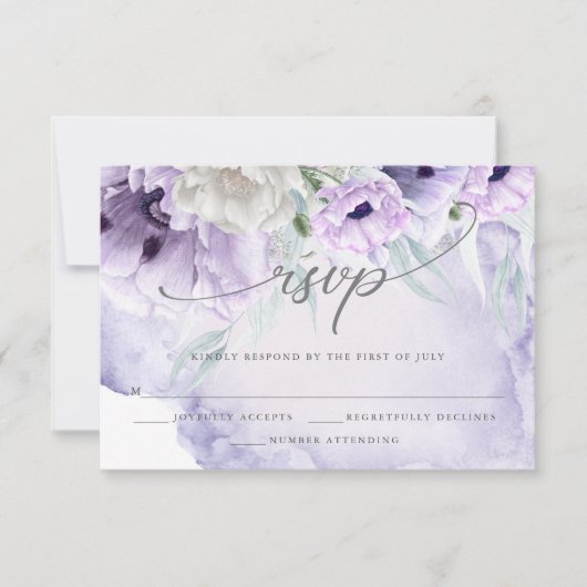 Rustikale elegante Wasserfarben Lilac Poppies RSVP Karte (Vorderseite)