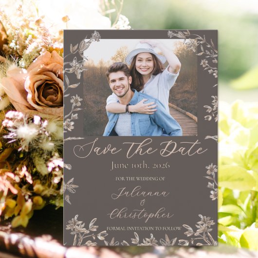 Rustikale Elegante Wildblumen Mocha Script Foto Save The Date
