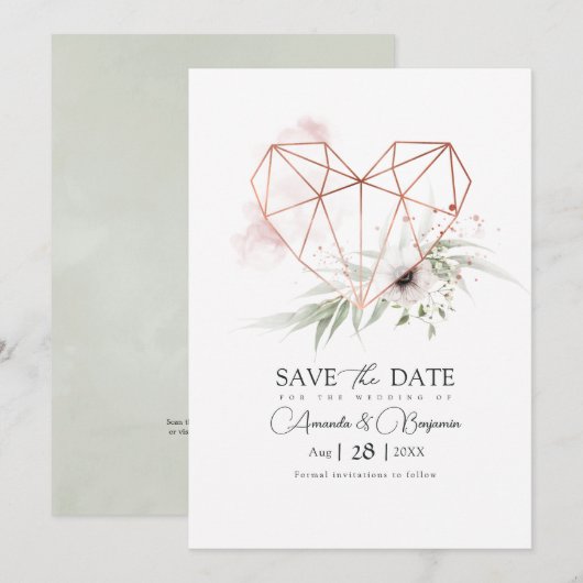 Rustikale Eleganz Geometrisches Herz QR-Code Save The Date (Vorne/Hinten)