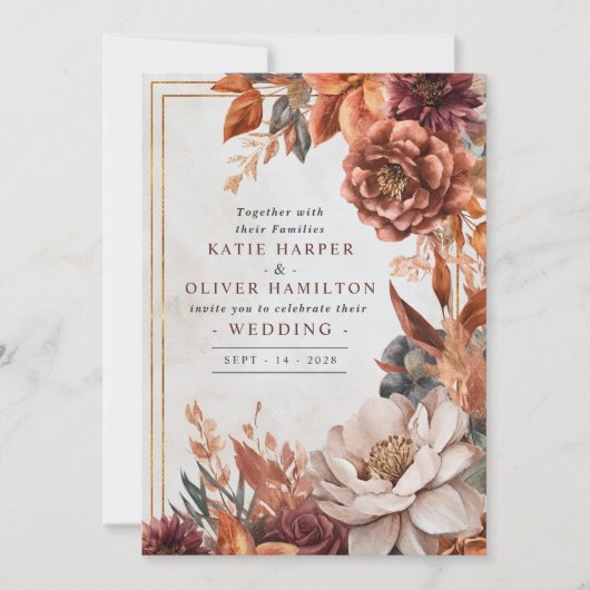Rustikale Eleganz, Herbstblütenhochzeit Einladung (Vorderseite)