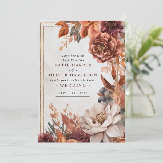 Rustikale Eleganz, Herbstblütenhochzeit Einladung (Stehend Vorderseite)
