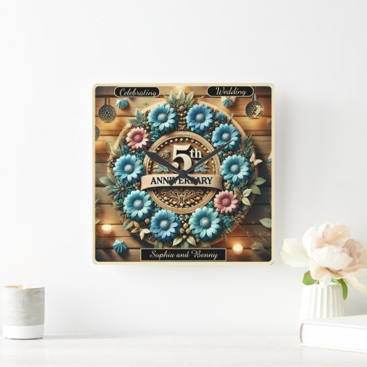 Rustikale Eleganz: Jubiläum, Blumengestalt Quadratische Wanduhr (Zuhause)