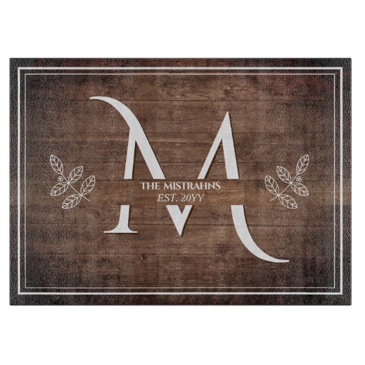 Rustikale Eleganz Monogramm Falsches Holz Schneidb Schneidebrett (Vorderseite)