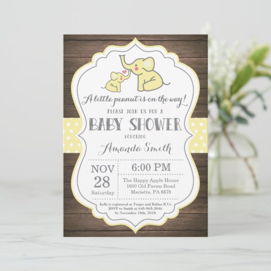 Rustikale Elephant Baby Dusche Einladung Gelb (Stehend Vorderseite)