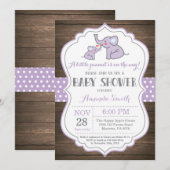 Rustikale Elephant Baby Dusche Einladung Lila (Vorne/Hinten)