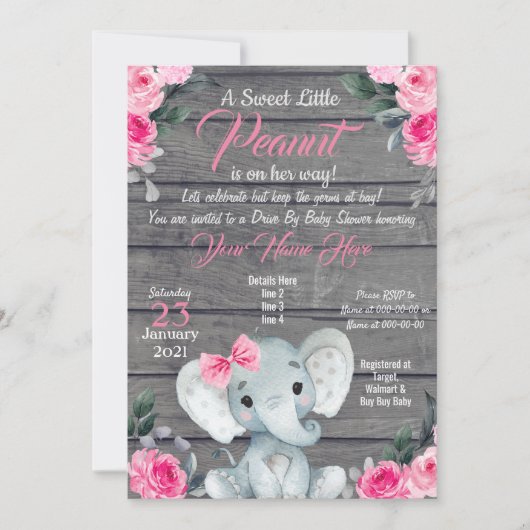 Rustikale Elephant Drive Baby Dusche Einladung pin (Vorderseite)
