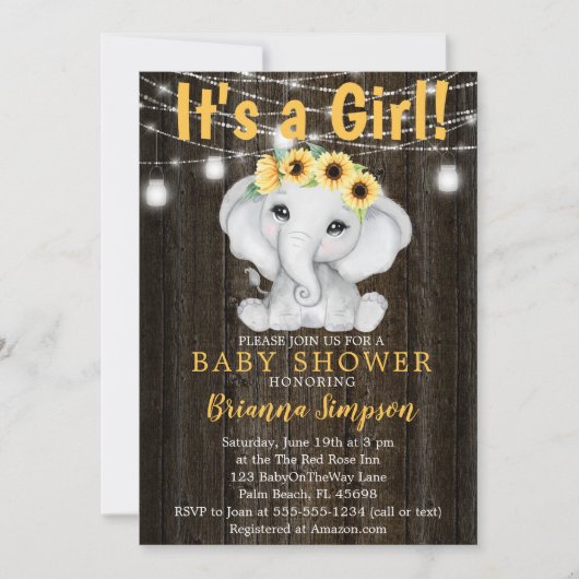 Rustikale Elephant Sunflowers Lights Girl Baby Dus Einladung (Vorderseite)