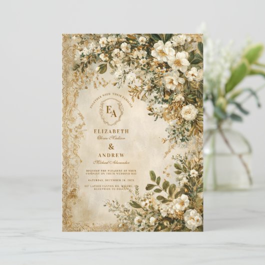 Rustikale Elfenbein-Wildblume Boho Wedding Einladung (Stehend Vorderseite)