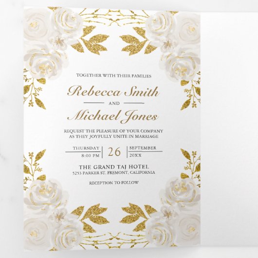 Rustikale Elfenbeinblütengolden Glitzer QR Code We Dreifach Gefaltete Einladung (Innen Erste Seite)