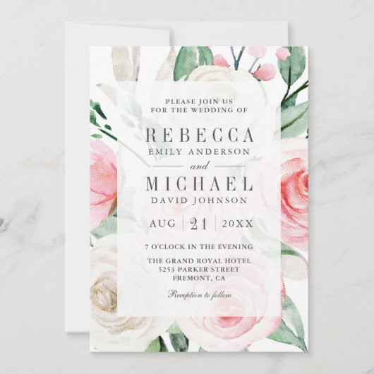 Rustikale Elfenbeinblütenpink-Rosa-Flora QR-Code H Einladung (Vorderseite)