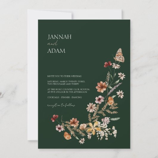 Rustikale Emerald Green Fall Wildblumen Hochzeit Einladung (Vorderseite)