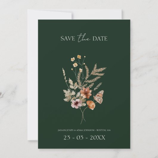 Rustikale Emerald Green Fall Wildblumen Hochzeit Save The Date (Vorderseite)