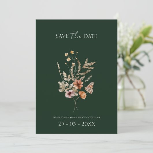 Rustikale Emerald Green Fall Wildblumen Hochzeit Save The Date (Stehend Vorderseite)