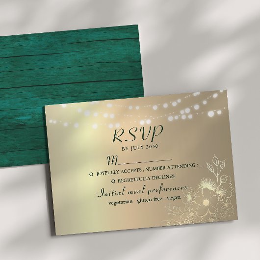 Rustikale Emerald Green Gold Wedding RSVP Card Karte