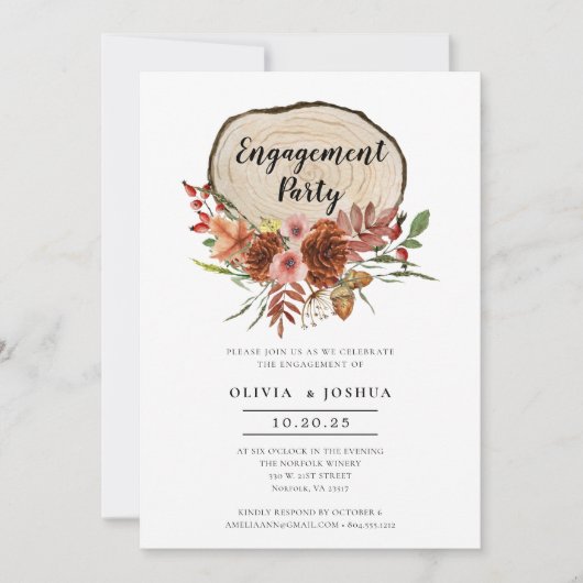 Rustikale Engagement Partei Fall Blumenholz Slice Einladung (Vorderseite)