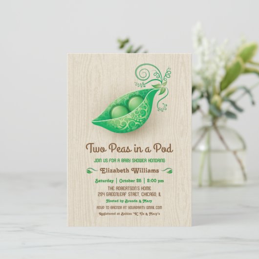 Rustikale Erbsen in einer Pod Twins Babydusche Einladung (Stehend Vorderseite)