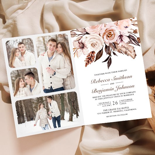 Rustikale Erdig-Elfenbein Blumen QR Code Hochzeit Einladung