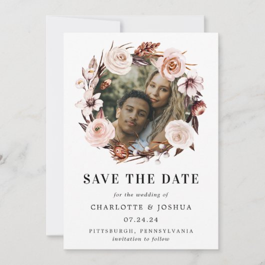 Rustikale erdige Boho-Foto-Save-the-Date Einladung (Vorderseite)