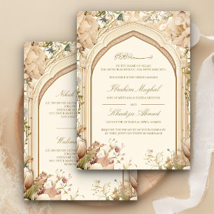 Rustikale, erdige Creme-Blumenbogen-Muslim-Hochzei Einladung
