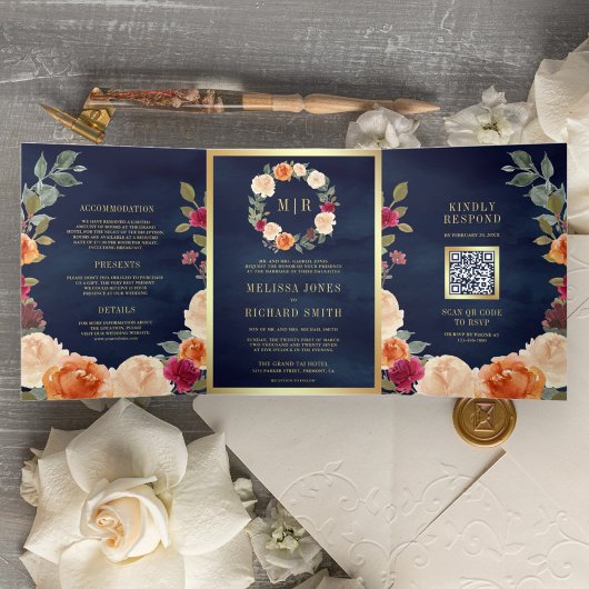 Rustikale Erdkraut QR Code Marine Wedding Dreifach Gefaltete Einladung