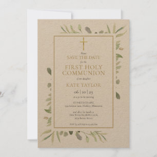 Rustikale Erste Heilige Kommunion Aquarell Grün Save The Date
