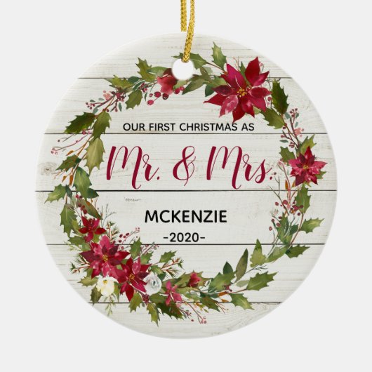 Rustikale erste Weihnachten als Mr. & Mrs. Ornamen Keramik Ornament (Vorne)