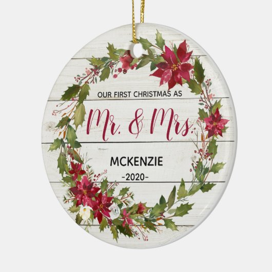 Rustikale erste Weihnachten als Mr. & Mrs. Ornamen Keramik Ornament (Links)