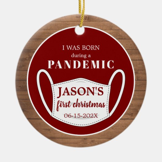 Rustikale erste Weihnachten Geboren in pandemische Keramik Ornament (Vorne)