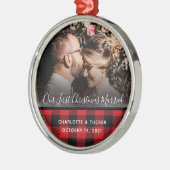 Rustikale Erste Weihnachten Verheiratet Kariert 2 Ornament Aus Metall (Links)