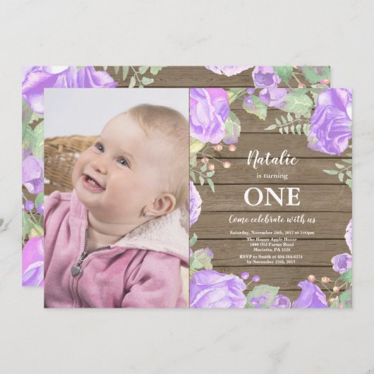 Rustikale Erster Geburtstag Einladung Lila Blume (Vorne/Hinten)