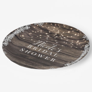 Rustikale Esche Braun Holz Spitze & Lichter Hochze Pappteller