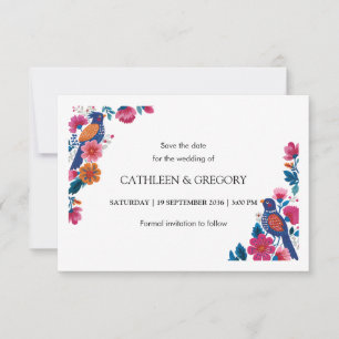Rustikale ethnische Volksvögel und Blumen Hochzeit Save The Date