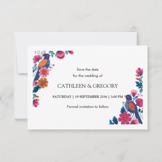 Rustikale ethnische Volksvögel und Blumen Hochzeit Save The Date (Vorderseite)