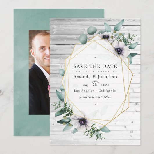 Rustikale Eukalyptus-Anemone-Geometrische Hochzeit Save The Date (Vorne/Hinten)