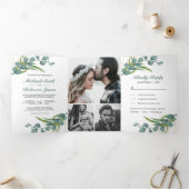 Rustikale Eukalyptus-Blätter Foto Collage Wedding Dreifach Gefaltete Einladung (Innenseite)