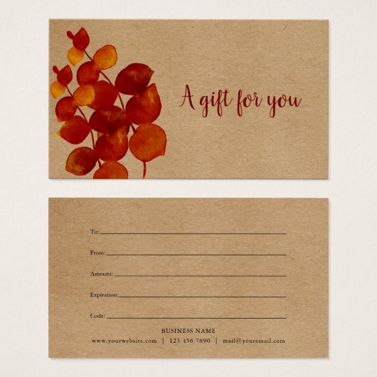 Rustikale Eukalyptus-Blätter Geschenkgutschein (Vorne & Hinten)