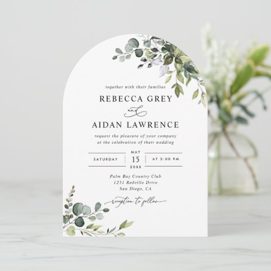 Rustikale Eukalyptus-Blätter Hochzeit von Arch Einladung (Stehend Vorderseite)