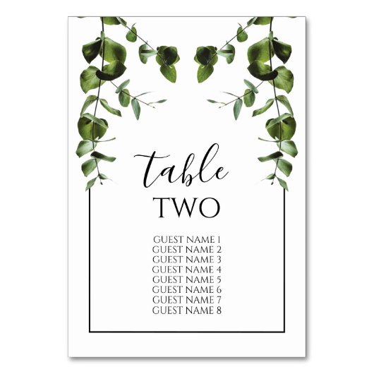 Rustikale Eukalyptus-Blätter zum Hochzeitsgast Tischnummer (Vorderseite)