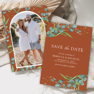 Rustikale Eukalyptus-Foto-Terrakotta-Hochzeit Save The Date